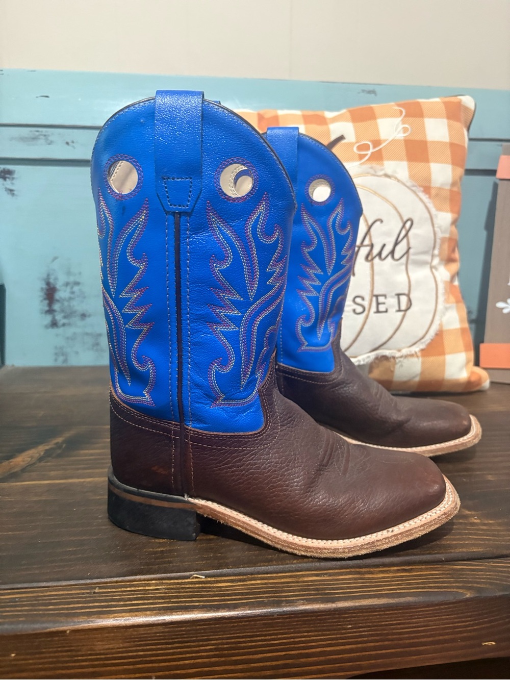 Old West Brown Foot with Bright Blue Shaft Kids Cowboy Boots